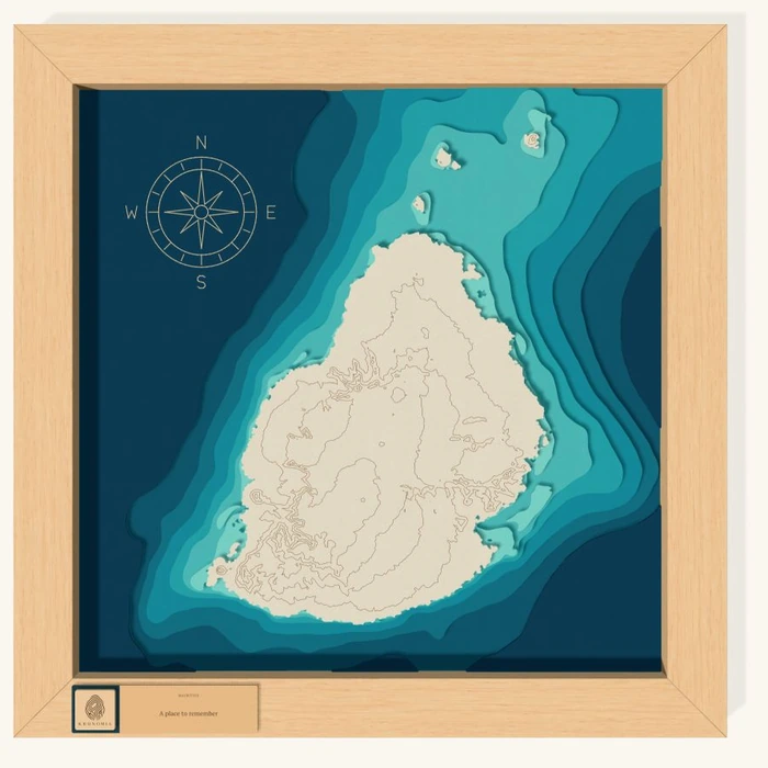 Mauritius digital map in painted ivory with a wooden frame